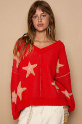 POL Long Sleeve Star Patch Sweater Apple Red OutfitFlow